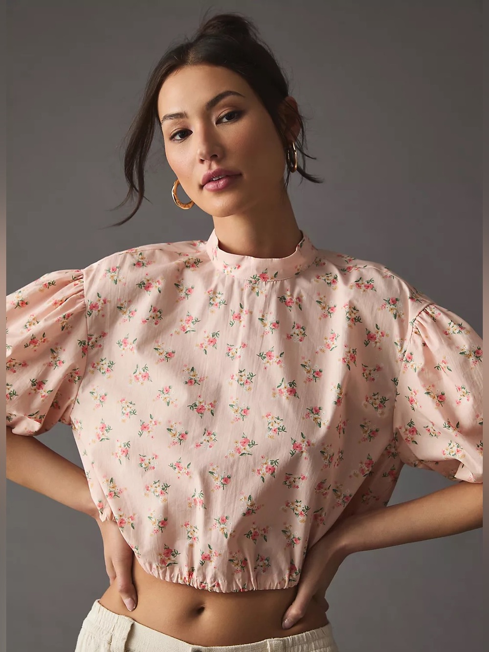 Anthropologie NWOT Cropped Bubble-Sleeve Pink Floral Blouse Sz Small